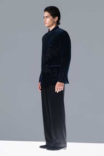 Rohit Gandhi + Rahul Khanna_Blue Silk, Velvet Embroidery Midnight Constellation Bandhgala Set _Online_at_Aza_Fashions
