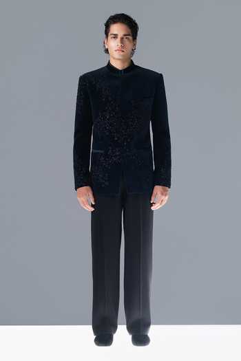 Buy_Rohit Gandhi + Rahul Khanna_Blue Silk, Velvet Embroidery Midnight Constellation Bandhgala Set _Online_at_Aza_Fashions