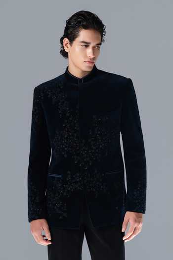 Shop_Rohit Gandhi + Rahul Khanna_Blue Silk, Velvet Embroidery Midnight Constellation Bandhgala Set _Online_at_Aza_Fashions