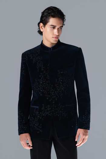Rohit Gandhi + Rahul Khanna_Blue Silk, Velvet Embroidery Midnight Constellation Bandhgala Set _at_Aza_Fashions