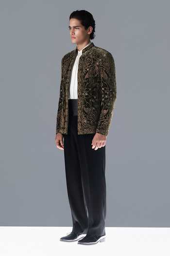 Rohit Gandhi + Rahul Khanna White Silk, Velvet Embroidery, Beads Aviary Reverie Bandhgala Set Online at Aza Fashions Rohit Gandhi + Rahul Khanna_White Silk, Velvet Embroidery, Beads Aviary Reverie Bandhgala Set _Online_at_Aza_Fashions