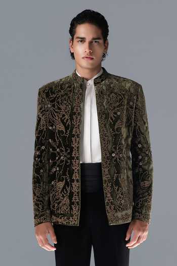 Rohit Gandhi + Rahul Khanna White Silk, Velvet Embroidery, Beads Aviary Reverie Bandhgala Set at Aza Fashions Rohit Gandhi + Rahul Khanna_White Silk, Velvet Embroidery, Beads Aviary Reverie Bandhgala Set _at_Aza_Fashions
