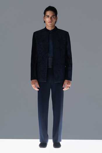 Rohit Gandhi + Rahul Khanna_Blue Silk, Velvet Embroidery Eden Crest Bandhgala Set _Online_at_Aza_Fashions