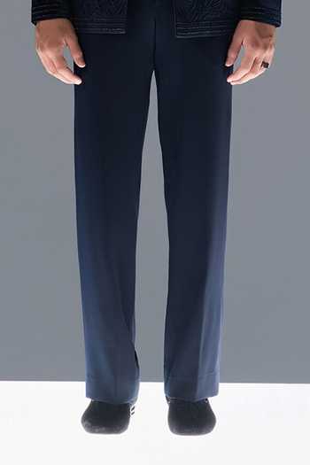 Buy_Rohit Gandhi + Rahul Khanna_Blue Silk, Velvet Embroidery Eden Crest Bandhgala Set _Online_at_Aza_Fashions