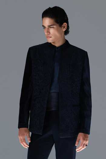 Shop_Rohit Gandhi + Rahul Khanna_Blue Silk, Velvet Embroidery Eden Crest Bandhgala Set _Online_at_Aza_Fashions