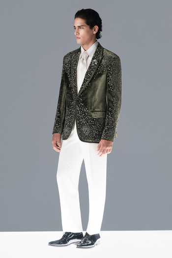 Rohit Gandhi + Rahul Khanna_Green Silk, Velvet Crystals Zenith Cosmic Embellished Tuxedo Trouser Set _Online_at_Aza_Fashions