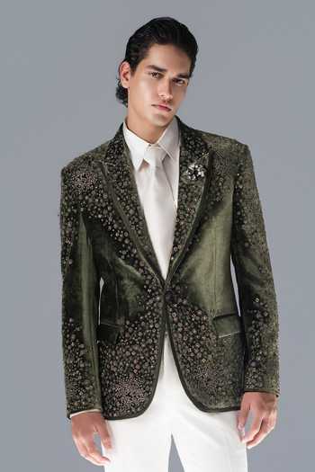 Buy_Rohit Gandhi + Rahul Khanna_Green Silk, Velvet Crystals Zenith Cosmic Embellished Tuxedo Trouser Set _Online_at_Aza_Fashions