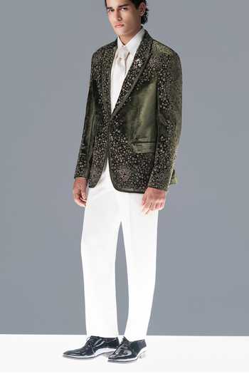 Shop_Rohit Gandhi + Rahul Khanna_Green Silk, Velvet Crystals Zenith Cosmic Embellished Tuxedo Trouser Set _Online_at_Aza_Fashions