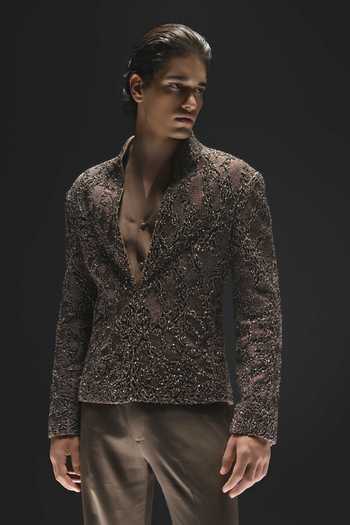Buy_Rohit Gandhi + Rahul Khanna_Brown Silk, Dupion Emberfall Jacket Set _Online_at_Aza_Fashions