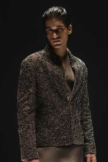 Shop_Rohit Gandhi + Rahul Khanna_Brown Silk, Dupion Emberfall Jacket Set _Online_at_Aza_Fashions