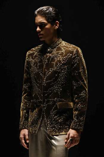 Rohit Gandhi + Rahul Khanna_Olive Green Silk, Velvet Embroidery, Crystals Granite Fern Bandhgala Set _Online_at_Aza_Fashions