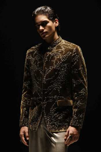 Buy_Rohit Gandhi + Rahul Khanna_Olive Green Silk, Velvet Embroidery, Crystals Granite Fern Bandhgala Set _Online_at_Aza_Fashions