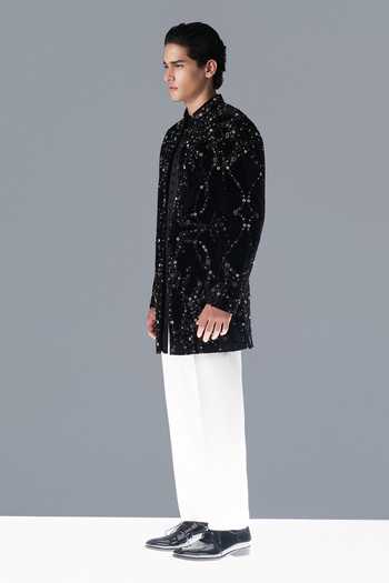 Rohit Gandhi + Rahul Khanna_Black Silk, Velvet Moonvine Embroidered Sherwani Set _Online_at_Aza_Fashions