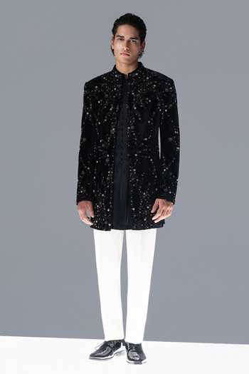 Shop_Rohit Gandhi + Rahul Khanna_Black Silk, Velvet Moonvine Embroidered Sherwani Set _Online_at_Aza_Fashions