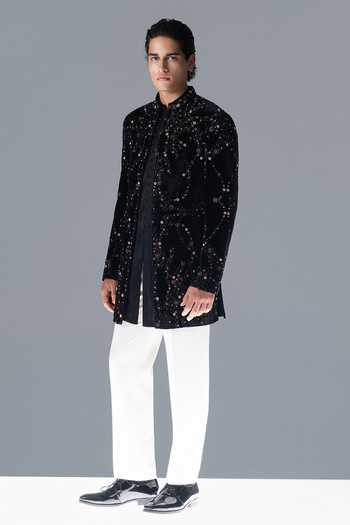 Rohit Gandhi + Rahul Khanna_Black Silk, Velvet Moonvine Embroidered Sherwani Set _at_Aza_Fashions
