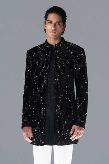 Buy_Rohit Gandhi + Rahul Khanna_Black Silk, Velvet Moonvine Embroidered Sherwani Set 