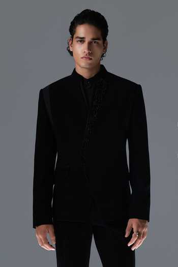 Rohit Gandhi + Rahul Khanna_Black Crepe Stones Monolith Embroidered Bandhgala Set _Online_at_Aza_Fashions