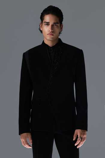 Shop_Rohit Gandhi + Rahul Khanna_Black Crepe Stones Monolith Embroidered Bandhgala Set _Online_at_Aza_Fashions