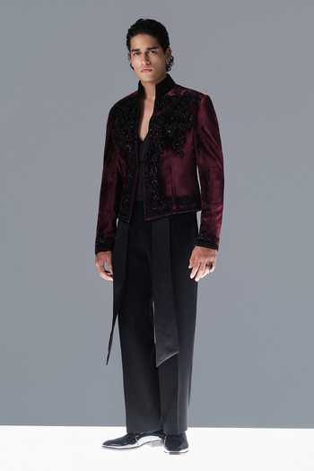 Rohit Gandhi + Rahul Khanna_Burgundy Silk, Velvet Crystals Vanguard Embroidered Bandhgala _Online_at_Aza_Fashions