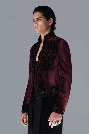 Buy_Rohit Gandhi + Rahul Khanna_Burgundy Silk, Velvet Crystals Vanguard Embroidered Bandhgala _Online_at_Aza_Fashions
