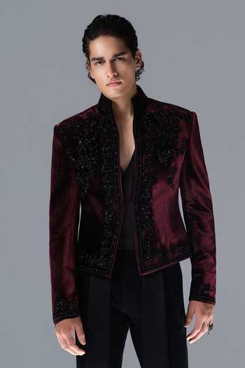 Shop_Rohit Gandhi + Rahul Khanna_Burgundy Silk, Velvet Crystals Vanguard Embroidered Bandhgala _Online_at_Aza_Fashions