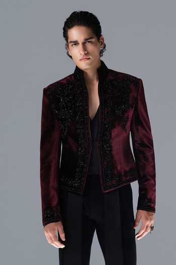 Rohit Gandhi + Rahul Khanna_Burgundy Silk, Velvet Crystals Vanguard Embroidered Bandhgala _at_Aza_Fashions