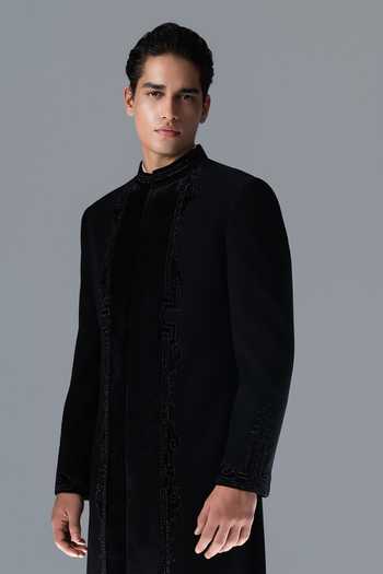Shop Rohit Gandhi + Rahul Khanna Black Crepe Serein Embellished Panelled Sherwani Set Online at Aza Fashions Shop_Rohit Gandhi + Rahul Khanna_Black Crepe Serein Embellished Panelled Sherwani Set _Online_at_Aza_Fashions