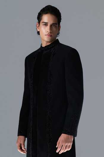 Rohit Gandhi + Rahul Khanna Black Crepe Serein Embellished Panelled Sherwani Set at Aza Fashions Rohit Gandhi + Rahul Khanna_Black Crepe Serein Embellished Panelled Sherwani Set _at_Aza_Fashions