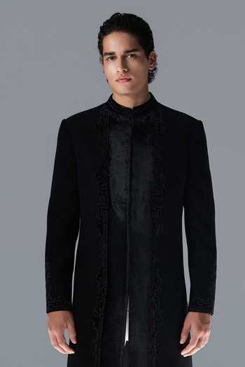 Buy Rohit Gandhi + Rahul Khanna Black Crepe Serein Embellished Panelled Sherwani Set Buy_Rohit Gandhi + Rahul Khanna_Black Crepe Serein Embellished Panelled Sherwani Set