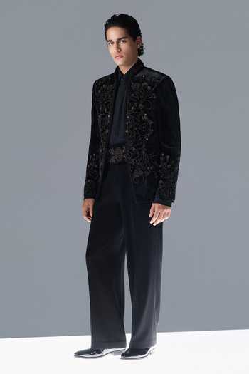 Buy_Rohit Gandhi + Rahul Khanna_Black Silk, Velvet Embroidery Shadow Pine Bandhgala Set _Online_at_Aza_Fashions