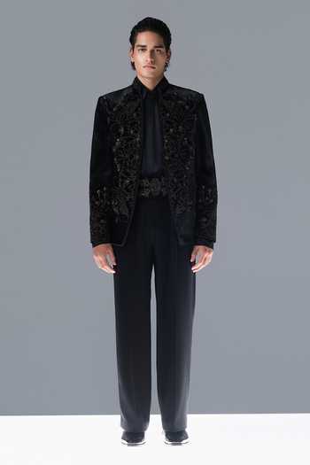 Shop_Rohit Gandhi + Rahul Khanna_Black Silk, Velvet Embroidery Shadow Pine Bandhgala Set _Online_at_Aza_Fashions