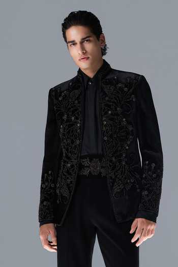 Rohit Gandhi + Rahul Khanna_Black Silk, Velvet Embroidery Shadow Pine Bandhgala Set _at_Aza_Fashions