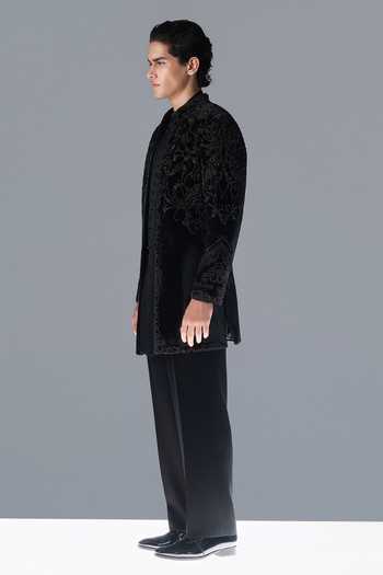 Rohit Gandhi + Rahul Khanna_Black Silk, Velvet Midnight Grove Embroidered Sherwani Set _Online_at_Aza_Fashions