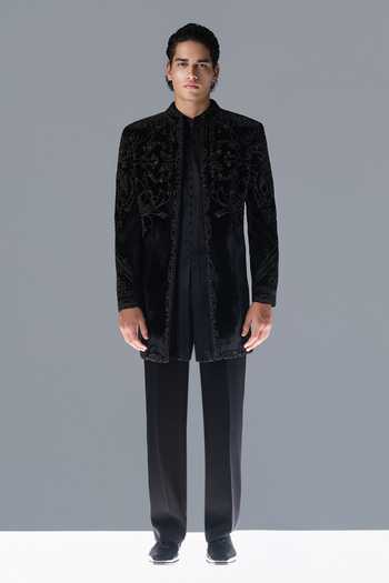 Buy_Rohit Gandhi + Rahul Khanna_Black Silk, Velvet Midnight Grove Embroidered Sherwani Set _Online_at_Aza_Fashions