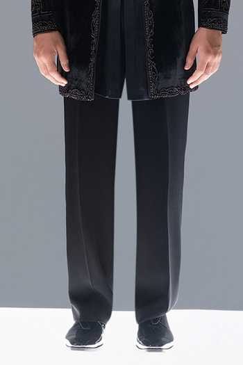 Shop_Rohit Gandhi + Rahul Khanna_Black Silk, Velvet Midnight Grove Embroidered Sherwani Set _Online_at_Aza_Fashions