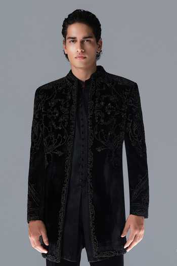 Rohit Gandhi + Rahul Khanna_Black Silk, Velvet Midnight Grove Embroidered Sherwani Set _at_Aza_Fashions