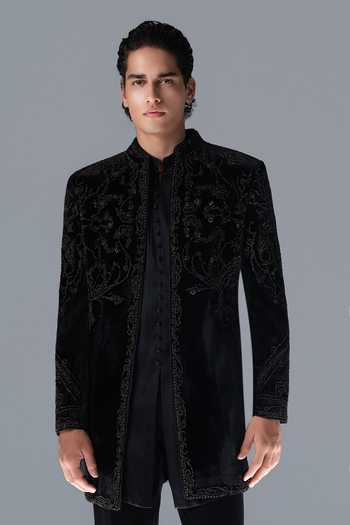 Buy_Rohit Gandhi + Rahul Khanna_Black Silk, Velvet Midnight Grove Embroidered Sherwani Set 