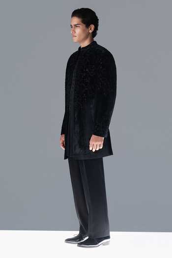 Rohit Gandhi + Rahul Khanna Black Silk, Velvet Lustre Noire Embroidered Sherwani Set Online at Aza Fashions Rohit Gandhi + Rahul Khanna_Black Silk, Velvet Lustre Noire Embroidered Sherwani Set _Online_at_Aza_Fashions