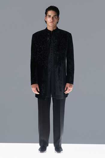 Buy Rohit Gandhi + Rahul Khanna Black Silk, Velvet Lustre Noire Embroidered Sherwani Set Online at Aza Fashions Buy_Rohit Gandhi + Rahul Khanna_Black Silk, Velvet Lustre Noire Embroidered Sherwani Set _Online_at_Aza_Fashions