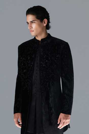 Rohit Gandhi + Rahul Khanna Black Silk, Velvet Lustre Noire Embroidered Sherwani Set at Aza Fashions Rohit Gandhi + Rahul Khanna_Black Silk, Velvet Lustre Noire Embroidered Sherwani Set _at_Aza_Fashions