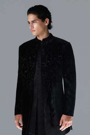 Buy Rohit Gandhi + Rahul Khanna Black Silk, Velvet Lustre Noire Embroidered Sherwani Set Buy_Rohit Gandhi + Rahul Khanna_Black Silk, Velvet Lustre Noire Embroidered Sherwani Set