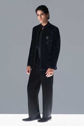 Buy_Rohit Gandhi + Rahul Khanna_Blue Silk, Velvet Embroidery River Stone Embellished Bandhgala Set _Online_at_Aza_Fashions