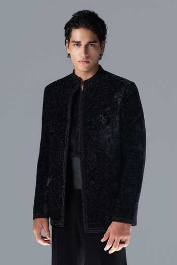 Shop_Rohit Gandhi + Rahul Khanna_Blue Silk, Velvet Embroidery River Stone Embellished Bandhgala Set _Online_at_Aza_Fashions
