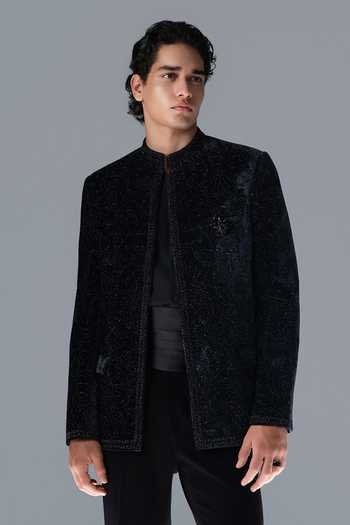 Rohit Gandhi + Rahul Khanna_Blue Silk, Velvet Embroidery River Stone Embellished Bandhgala Set _at_Aza_Fashions