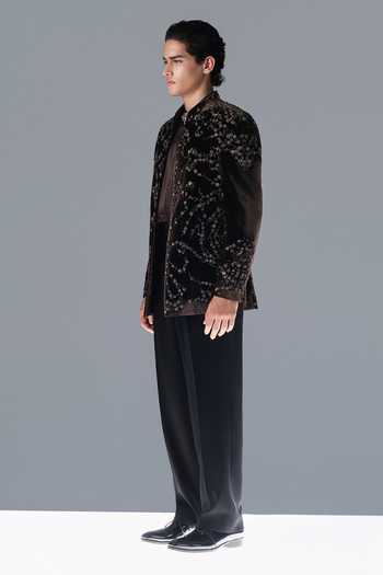 Buy_Rohit Gandhi + Rahul Khanna_Brown Silk, Velvet Embroidery Silvan Echo Bandhgala Set _Online_at_Aza_Fashions