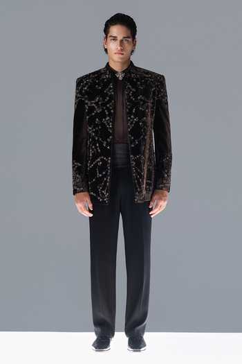 Shop_Rohit Gandhi + Rahul Khanna_Brown Silk, Velvet Embroidery Silvan Echo Bandhgala Set _Online_at_Aza_Fashions