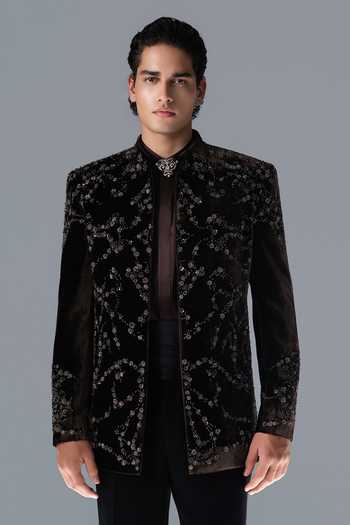 Rohit Gandhi + Rahul Khanna_Brown Silk, Velvet Embroidery Silvan Echo Bandhgala Set _at_Aza_Fashions