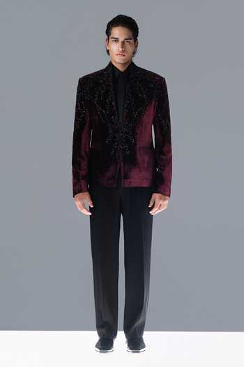 Rohit Gandhi + Rahul Khanna_Burgundy Silk, Velvet Crystals Asterion Embroidered Bandhgala Set _Online_at_Aza_Fashions