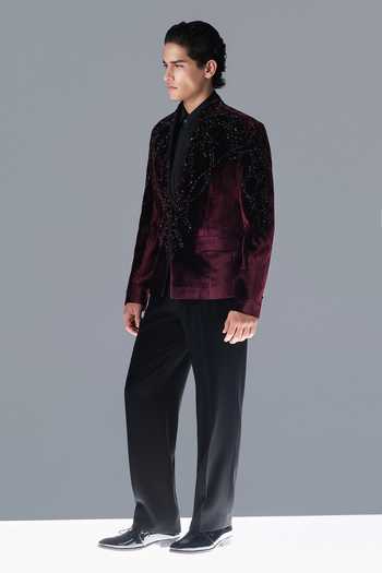 Buy_Rohit Gandhi + Rahul Khanna_Burgundy Silk, Velvet Crystals Asterion Embroidered Bandhgala Set _Online_at_Aza_Fashions
