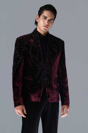 Shop_Rohit Gandhi + Rahul Khanna_Burgundy Silk, Velvet Crystals Asterion Embroidered Bandhgala Set _Online_at_Aza_Fashions